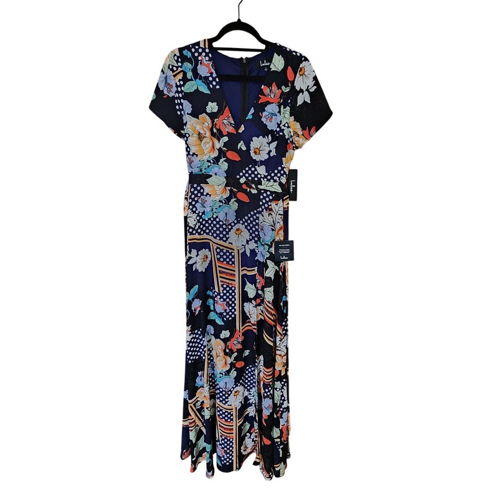 Lulus Navy Floral Maxi Wrap Dress With Short Sleeves & V-Neckline